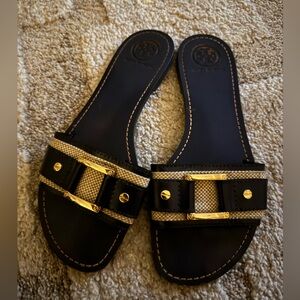 Tory Burch Navy and Gold Slide Sandals
